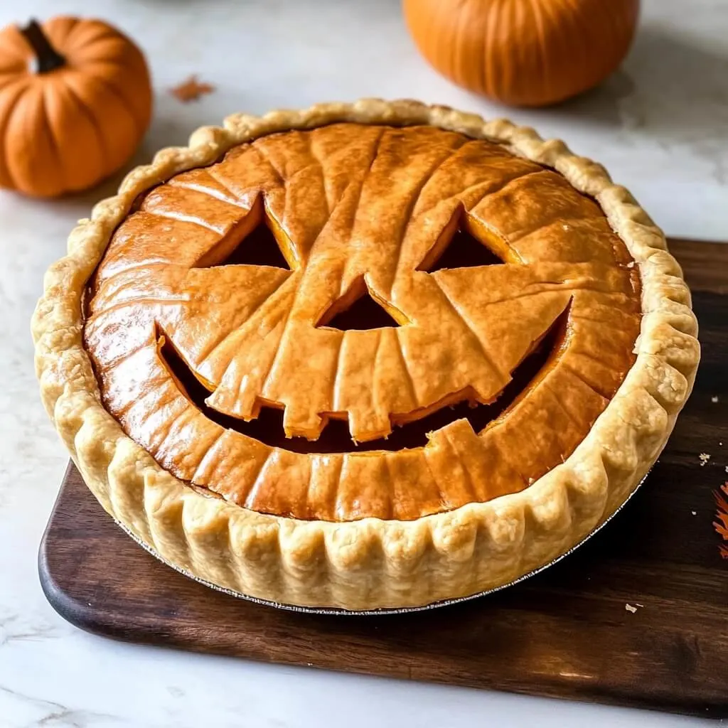  A pumpkin pie with a Jack-o'-lantern face carved into the top crust, placed on a wooden board with pumpkins in the background.