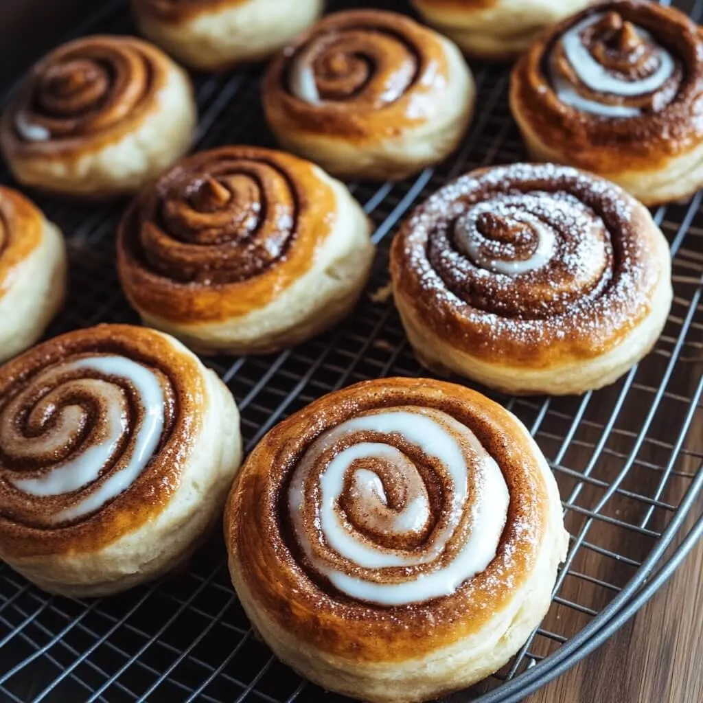 A tray of golden-brown cinnamon swirls topped with icing, cooling on a wire rack.