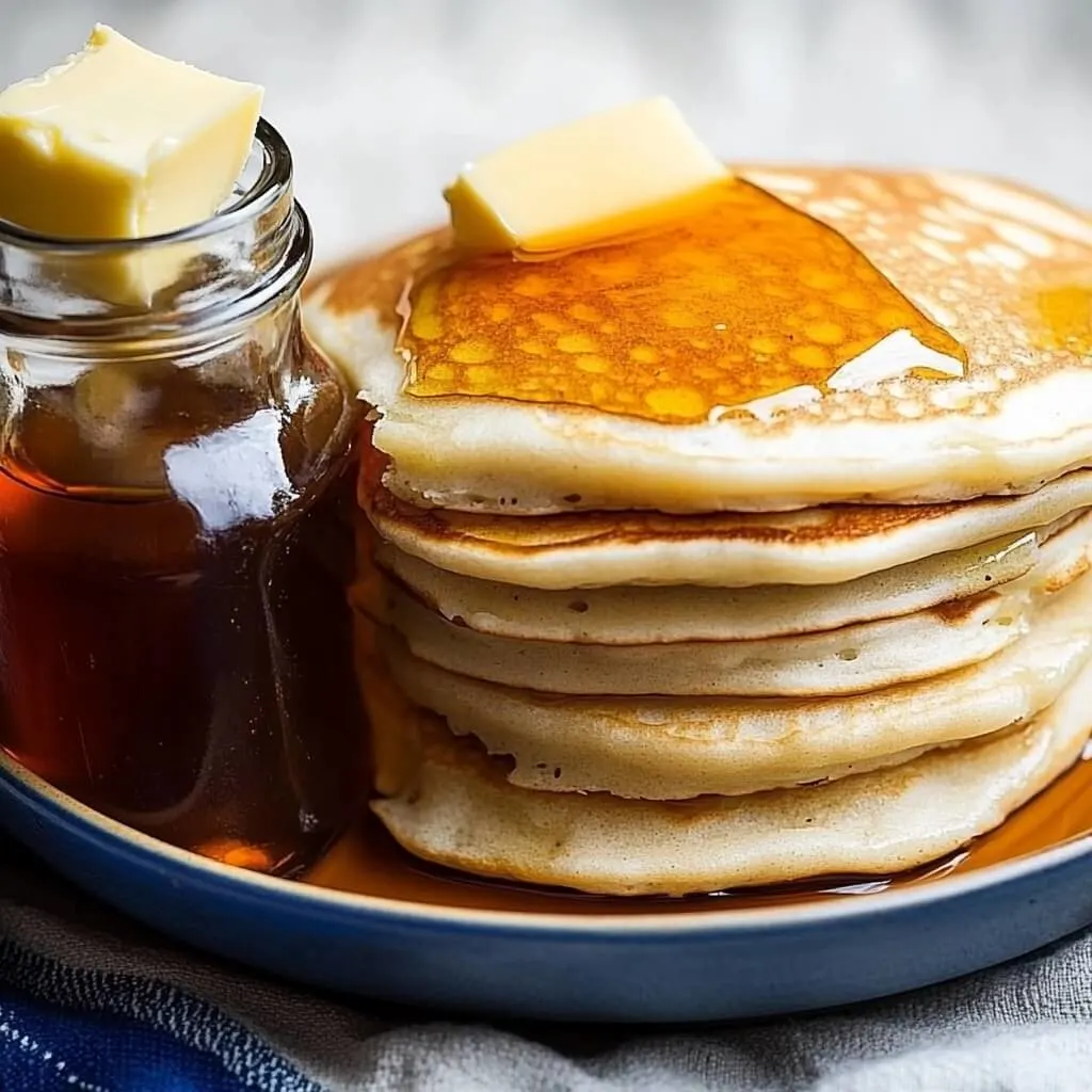 A plate of pancakes with a bottle of maple syrup and a pat of butter on top.