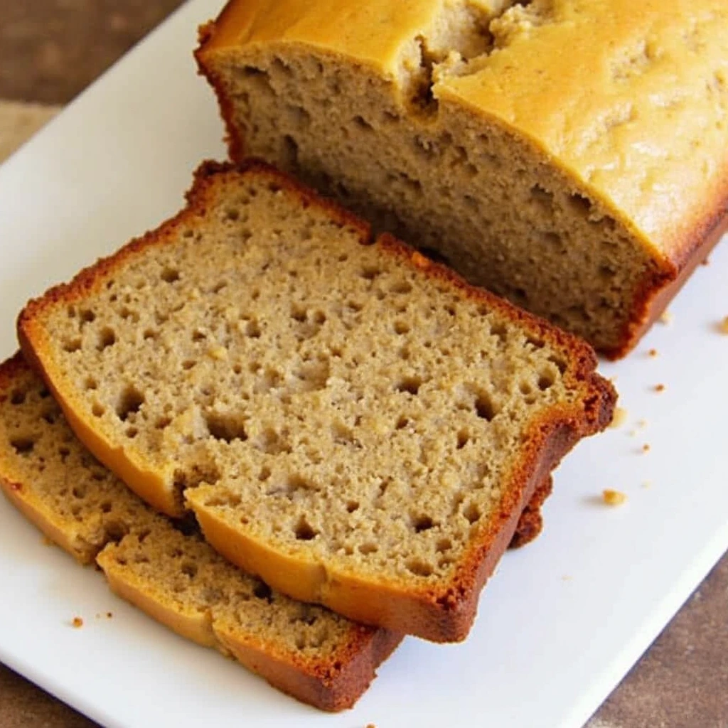 Freshly baked banana bread made in a bread machine, sliced and ready to eat on a wooden cutting board.